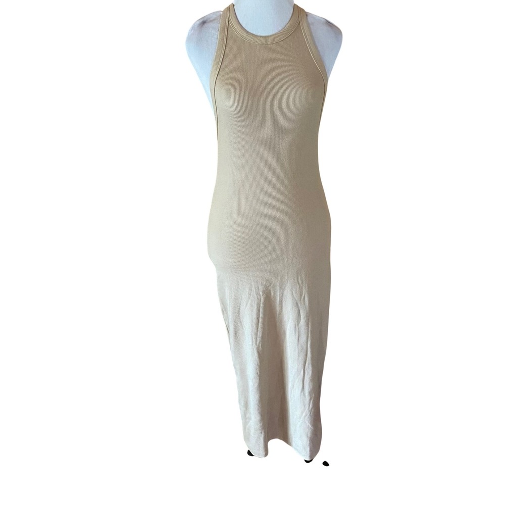 Zara Tan Ribbed Knit Racerback Bodycon Midi Dress Large Tan Beige
